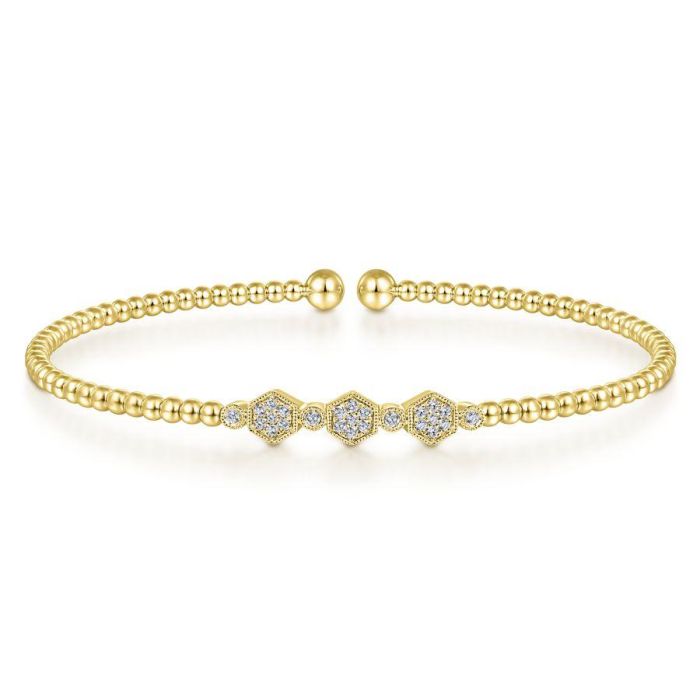 Gabriel & Co. - BG4117-62Y45JJ - 14K Yellow Gold Bujukan Bead Cuff Bracelet with Cluster Diamond Hexagon Stations | Hannoush Jewelers