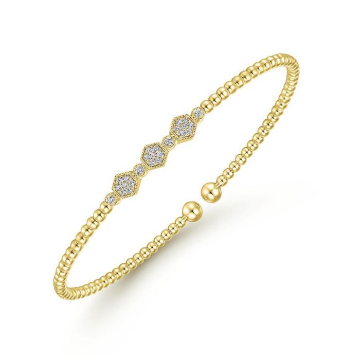 Gabriel & Co. - BG4117-62Y45JJ - 14K Yellow Gold Bujukan Bead Cuff Bracelet with Cluster Diamond Hexagon Stations | Hannoush Jewelers