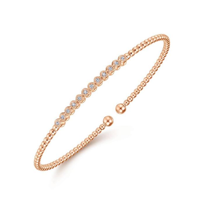 Gabriel & Co. - BG4118-62K45JJ - 14K Rose Gold Bujukan Bead Cuff Bracelet with Bezel Set Diamond Stations | Hannoush Jewelers