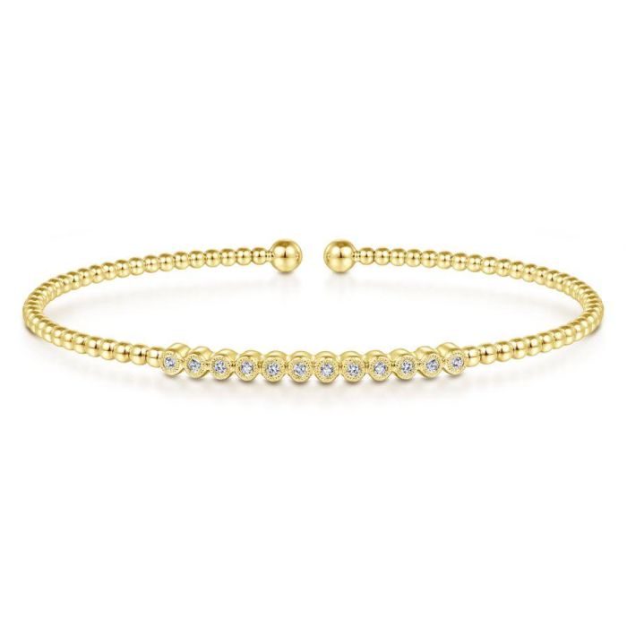 Gabriel & Co. - BG4118-62Y45JJ - 14K Yellow Gold Bujukan Bead Cuff Bracelet with Bezel Set Diamond Stations | Hannoush Jewelers