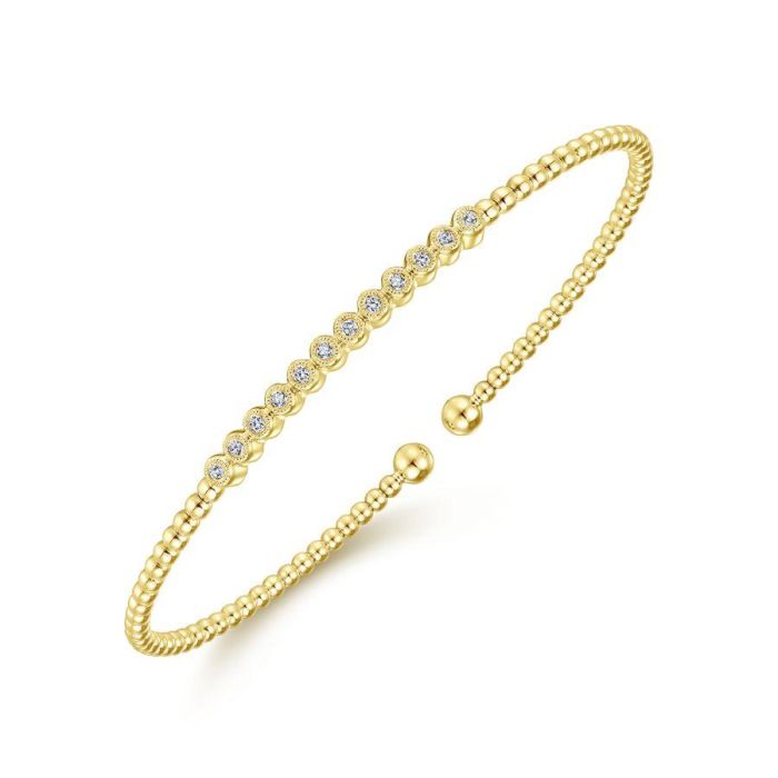 Gabriel & Co. - BG4118-62Y45JJ - 14K Yellow Gold Bujukan Bead Cuff Bracelet with Bezel Set Diamond Stations | Hannoush Jewelers