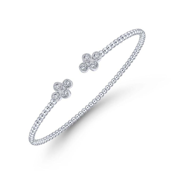 Gabriel & Co. - BG4124-62W45JJ - 14K White Gold Bujukan Bead Split Cuff Bracelet with Quatrefoil Diamond Endcaps | Hannoush Jewelers