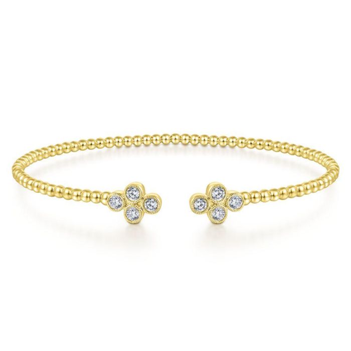 Gabriel & Co. - BG4124-62Y45JJ - 14K Yellow Gold Bujukan Bead Split Cuff Bracelet with Quatrefoil Diamond Endcaps | Hannoush Jewelers