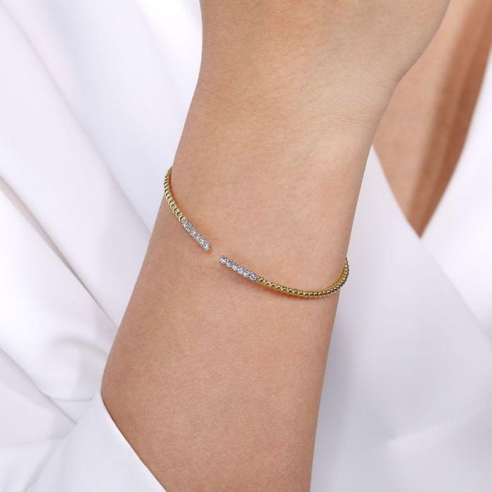 Gabriel & Co. - BG4218-62Y45JJ - 14K Yellow Gold Bujukan Bead Cuff Bracelet with Diamond Pavâ€š Bars | Hannoush Jewelers