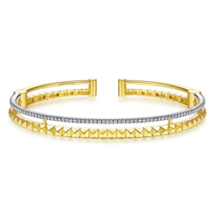 Gabriel & Co. - BG4220-65M45JJ - 14K Yellow and White Gold Split Cuff with Pyramids and Diamonds | Hannoush Jewelers