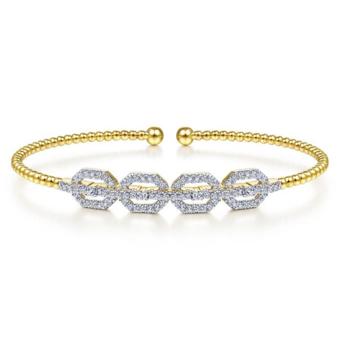 Gabriel & Co. - BG4229-62Y45JJ - 14K Yellow Gold Bujukan Bead Cuff Bracelet with Diamond Pavâ€š Links | Hannoush Jewelers