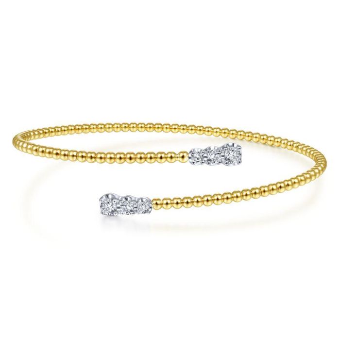 Gabriel & Co. - BG4278-62M45JJ - 14K Yellow Gold Bujukan Bead Bypass Bangle with Graduating Diamond Caps | Hannoush Jewelers