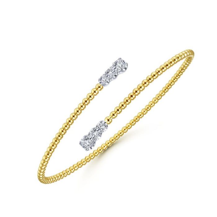 Gabriel & Co. - BG4278-62M45JJ - 14K Yellow Gold Bujukan Bead Bypass Bangle with Graduating Diamond Caps | Hannoush Jewelers