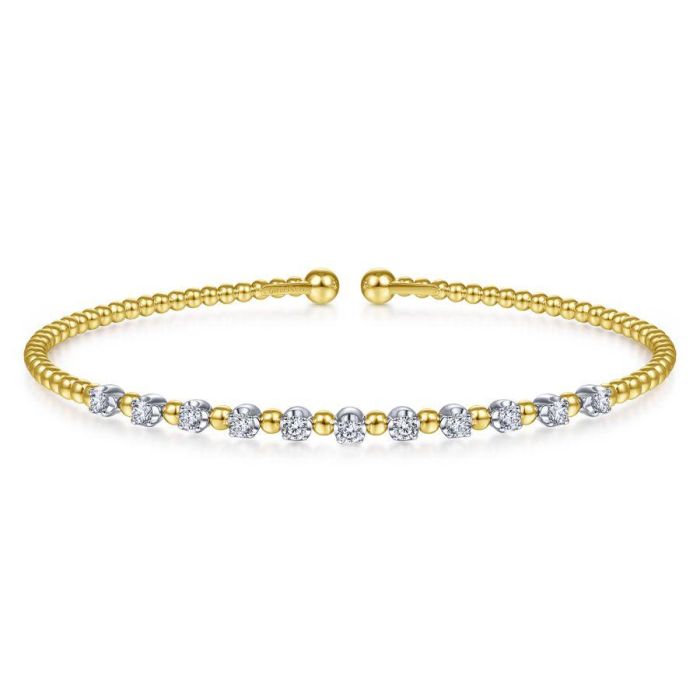 Gabriel & Co. - BG4279-62M45JJ - 14K Yellow Gold Bujukan Bead Split Cuff Bracelet with Round White Gold Diamond Stations | Hannoush Jewelers