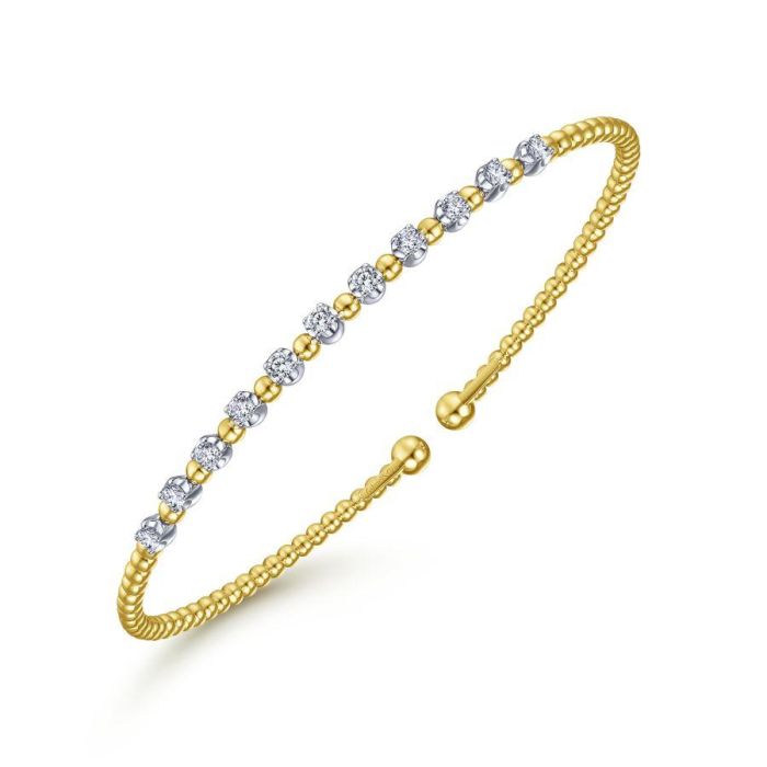 Gabriel & Co. - BG4279-62M45JJ - 14K Yellow Gold Bujukan Bead Split Cuff Bracelet with Round White Gold Diamond Stations | Hannoush Jewelers