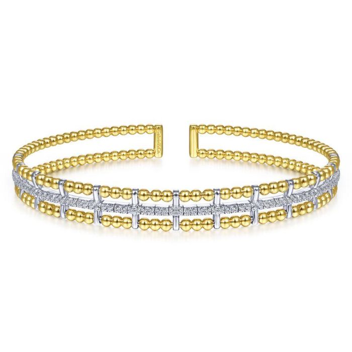 Gabriel & Co. - BG4323-62M45JJ - 14K Yellow and White Gold Bujukan Bead Cuff Bracelet with Inner Diamond Channel | Hannoush Jewelers