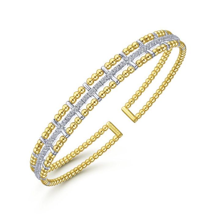 Gabriel & Co. - BG4323-62M45JJ - 14K Yellow and White Gold Bujukan Bead Cuff Bracelet with Inner Diamond Channel | Hannoush Jewelers