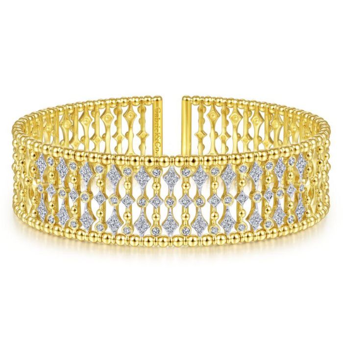 Gabriel & Co. - BG4334-62Y45JJ - Wide 14K Yellow Gold Cage Cuff Bracelet with Diamond Stations | Hannoush Jewelers