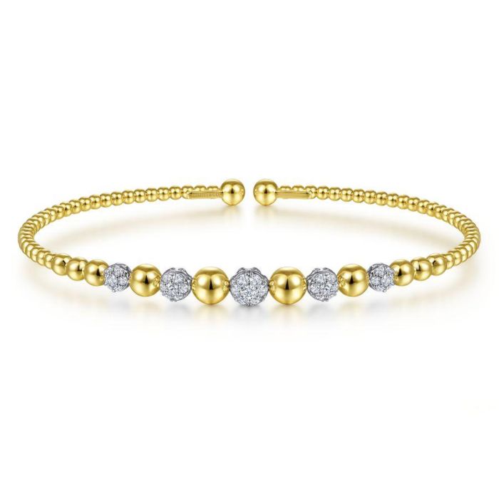 Gabriel & Co. - BG4362-62M45JJ - 14K Yellow-White Gold Bujukan Bead Cuff Bracelet with Pavâ€š Diamond Stations | Hannoush Jewelers