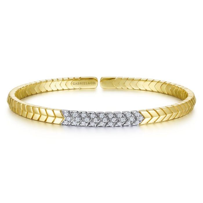 Gabriel & Co. - BG4383-65M45JJ - 14K Yellow Gold Chevron Cuff Bracelet with White Gold Diamond Pavâ€š Station | Hannoush Jewelers