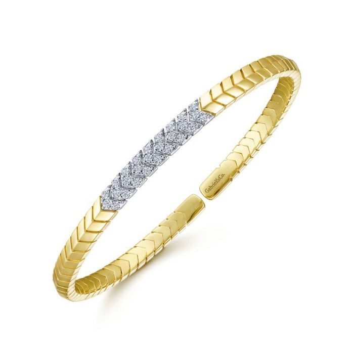 Gabriel & Co. - BG4383-65M45JJ - 14K Yellow Gold Chevron Cuff Bracelet with White Gold Diamond Pavâ€š Station | Hannoush Jewelers