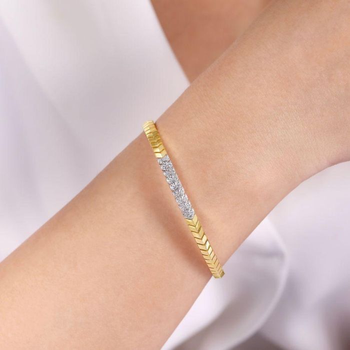 Gabriel & Co. - BG4383-65M45JJ - 14K Yellow Gold Chevron Cuff Bracelet with White Gold Diamond Pavâ€š Station | Hannoush Jewelers