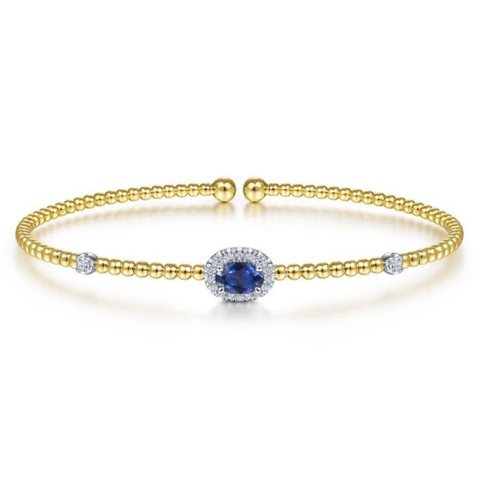 Gabriel & Co. - BG4435-62M45SA - 14K White-Yellow Gold Bujukan Bead Cuff Bracelet with Sapphire and Diamond Halo Station | Hannoush Jewelers