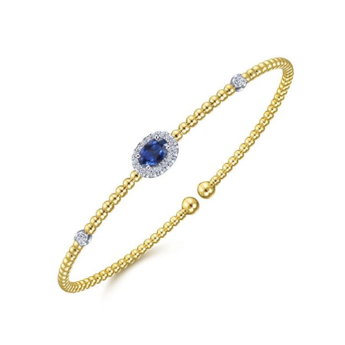 Gabriel & Co. - BG4435-62M45SA - 14K White-Yellow Gold Bujukan Bead Cuff Bracelet with Sapphire and Diamond Halo Station | Hannoush Jewelers