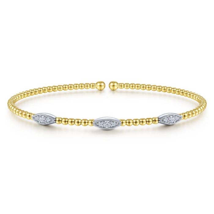 Gabriel & Co. - BG4437-62M45JJ - 14K White-Yellow Gold Bujukan Bead Cuff Bracelet with Diamond Filled Marquise Stations | Hannoush Jewelers