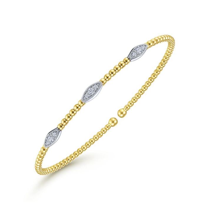 Gabriel & Co. - BG4437-62M45JJ - 14K White-Yellow Gold Bujukan Bead Cuff Bracelet with Diamond Filled Marquise Stations | Hannoush Jewelers