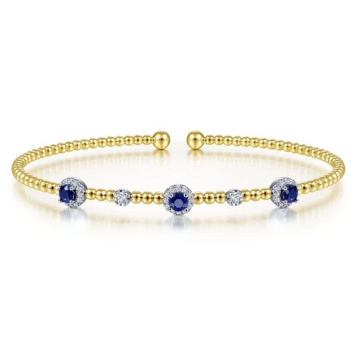 Gabriel & Co. - BG4438-62M45SA - 14K White-Yellow Gold Bujukan Bead Cuff Bracelet with Sapphire and Diamond Halo Stations | Hannoush Jewelers