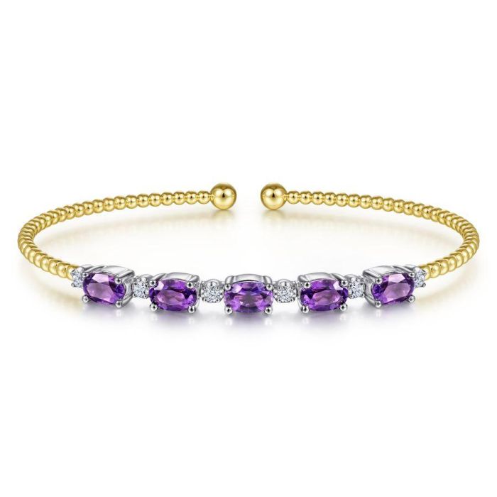 Gabriel & Co. - BG4448-62M45AM - 14K White-Yellow Gold Bujukan Bead Cuff Bracelet with Amethyst and Diamond Stations | Hannoush Jewelers