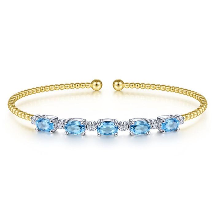 Gabriel & Co. - BG4448-62M45BT - 14K White-Yellow Gold Bujukan Bead Cuff Bracelet with Blue Topaz and Diamond Stations | Hannoush Jewelers