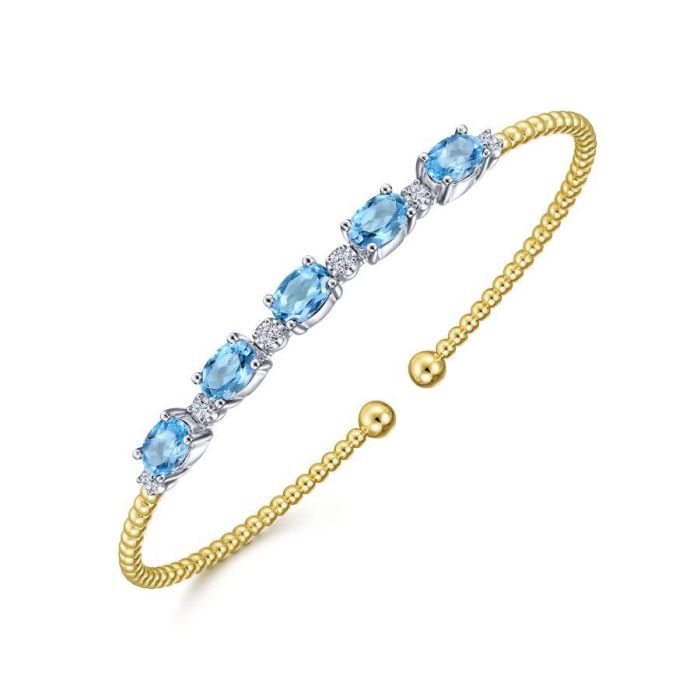 Gabriel & Co. - BG4448-62M45BT - 14K White-Yellow Gold Bujukan Bead Cuff Bracelet with Blue Topaz and Diamond Stations | Hannoush Jewelers