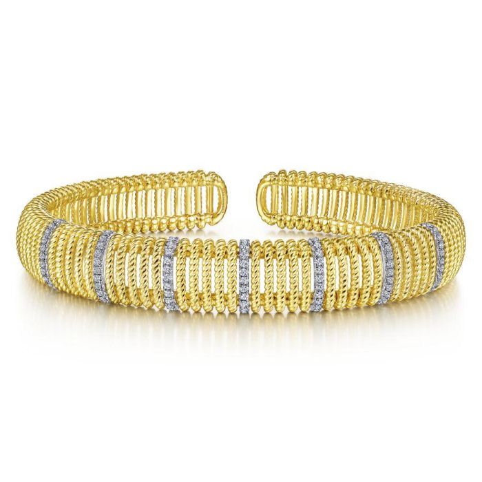 Gabriel & Co. - BG4457-65M45JJ - 14K White-Yellow Gold Twisted Rope Cuff Bracelet with Diamond Stations | Hannoush Jewelers