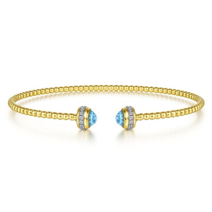 Gabriel & Co. - BG4619-62Y45BT - 14K Yellow Gold Diamond and Blue Topaz Bujukan Open Bangle | Hannoush Jewelers