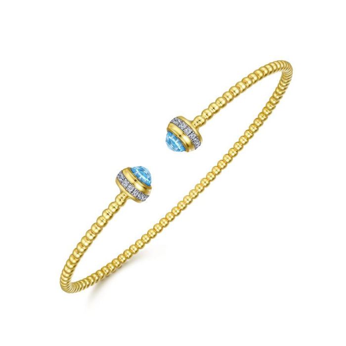 Gabriel & Co. - BG4619-62Y45BT - 14K Yellow Gold Diamond and Blue Topaz Bujukan Open Bangle | Hannoush Jewelers