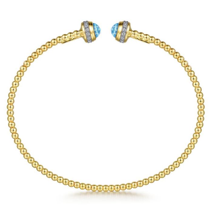 Gabriel & Co. - BG4619-62Y45BT - 14K Yellow Gold Diamond and Blue Topaz Bujukan Open Bangle | Hannoush Jewelers