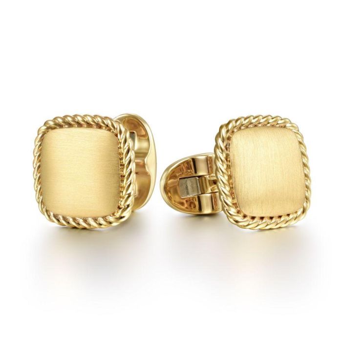 Gabriel & Co. - CL39Y4JJJ - 14K Yellow Gold Engravable Square Cufflinks with Twisted Rope Trim | Hannoush Jewelers