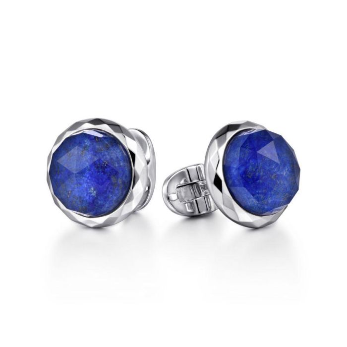 Gabriel & Co. - CL44SVJXL - 925 Sterling Silver Rock Crystal & Lapis Round Cufflinks | Hannoush Jewelers