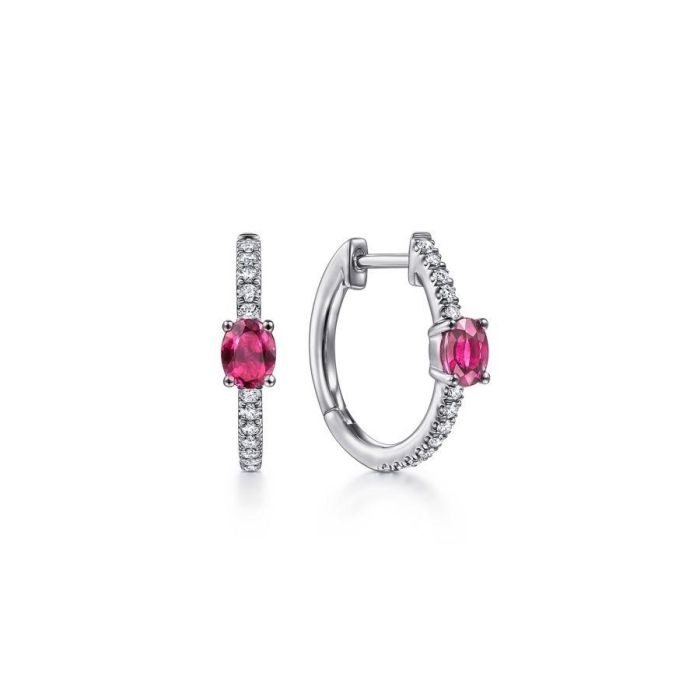 Gabriel & Co. - EG13963W45RA - 14K White Gold 15mm Oval Ruby and Diamond Huggies | Hannoush Jewelers