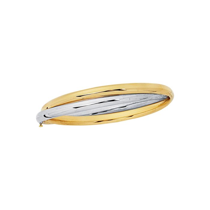 14kt 7" Yellow+White Gold Shiny Fancy Double Two Tone Bangle with Clasp BG124-07 | Hannoush Jewelers