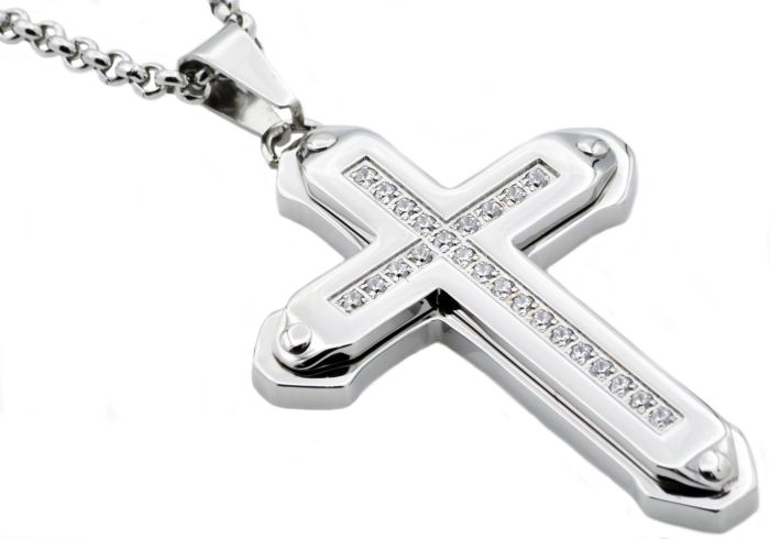 Stainless Steel Men's 24 Inch chain with Large Cross and CZ's - BJP17N | Hannoush Jewelers