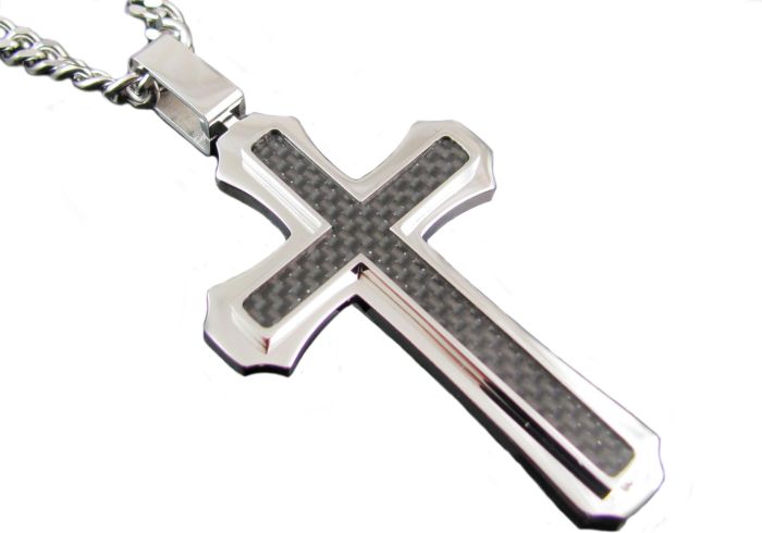 Stainless Steel Men's 24 Inch chain with Black Inlay Cross - BJP69 | Hannoush Jewelers