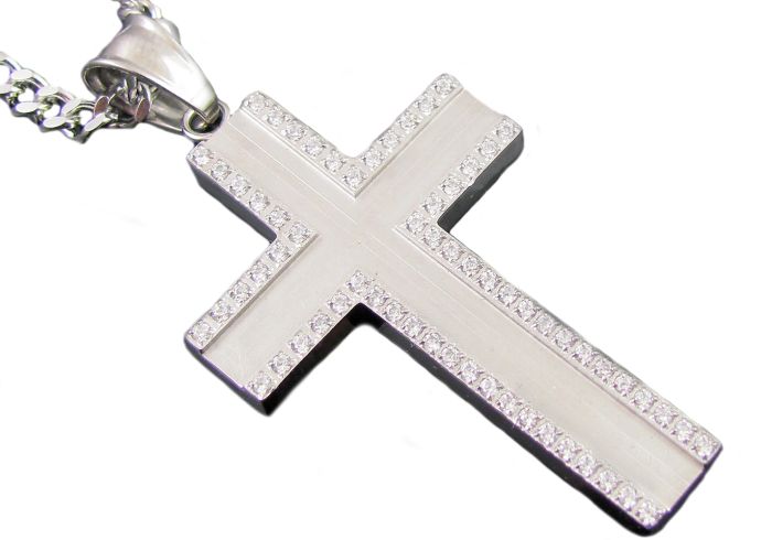 Stainless Steel Men's 24 Inch chain with Cross CZ's - BJP89 | Hannoush Jewelers