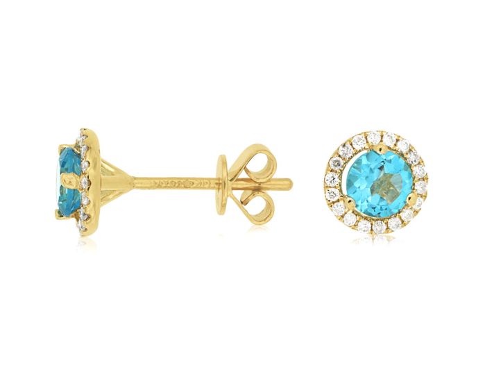 14k Yellow Gold Halo Round Blue Topaz and Diamond Earrings c6404b | Hannoush Jewelers