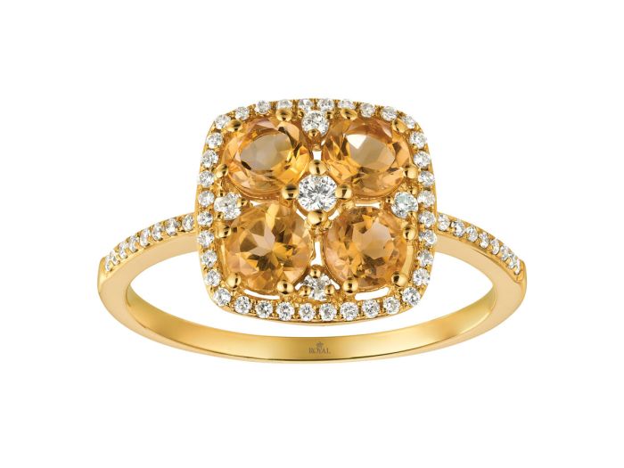 14k Yellow Gold four 4mm Round Citrines and Diamond Halo Ring C6802C-CI | Hannoush Jewelers