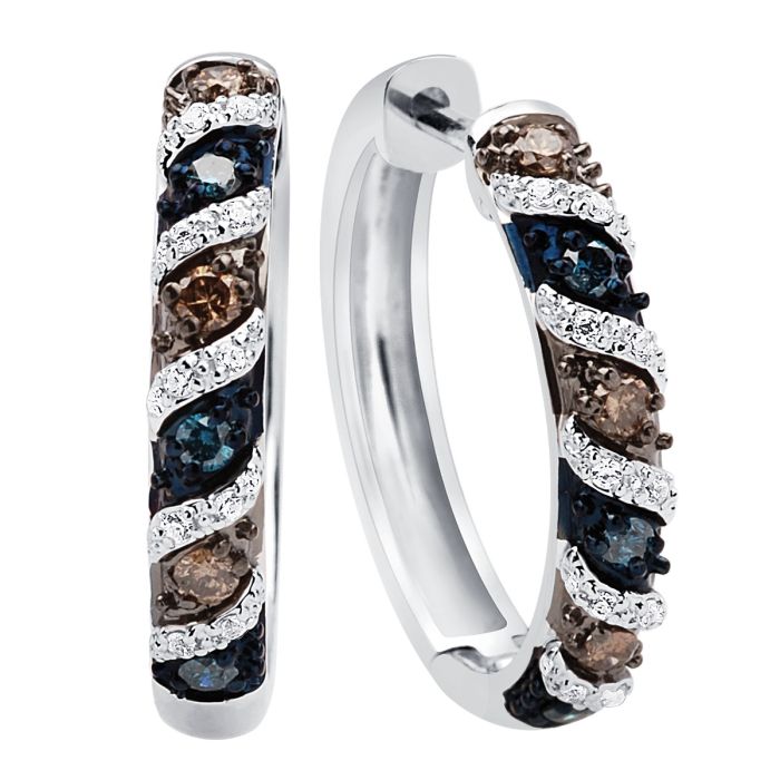 14K White Gold Blue and Brown Color Diamond Hoop Earrings | Hannoush Jewelers