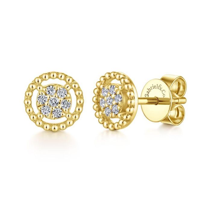 Gabriel & Co. - EG13355Y45JJ - 14K Yellow Gold Beaded Round Frame Diamond Cluster Stud Earrings | Hannoush Jewelers