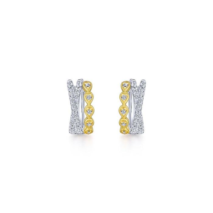 Gabriel & Co. - EG13454M45JJ - 14K Yellow-White Gold Criss Cross 10mm Diamond Huggies | Hannoush Jewelers