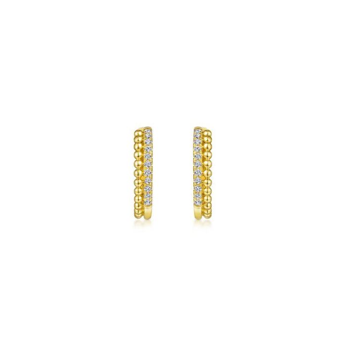 Gabriel & Co. - EG13584Y45JJ - 14K Yellow Gold Beaded Pavﾂ 10mm Diamond Huggies | Hannoush Jewelers