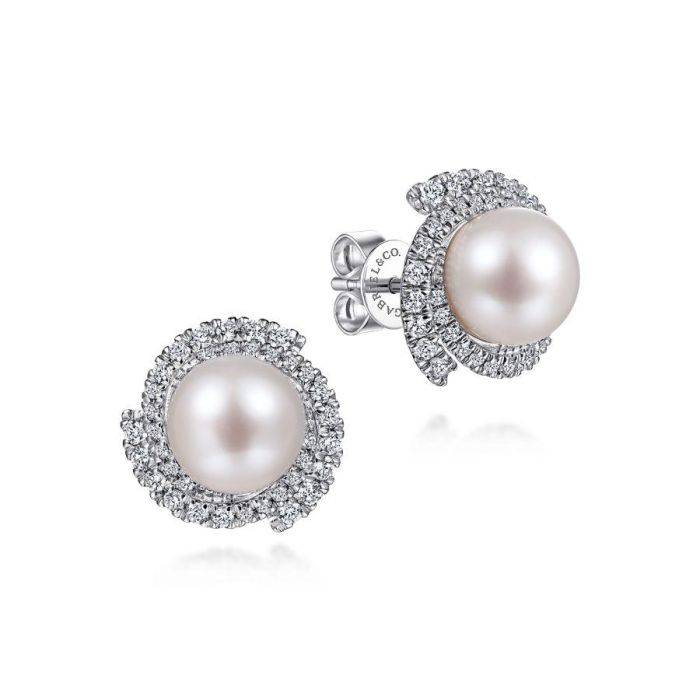 Gabriel & Co. - EG13669W45PL - 14K White Gold Round Cultured Pearl Swirling Diamond Halo Stud Earrings | Hannoush Jewelers