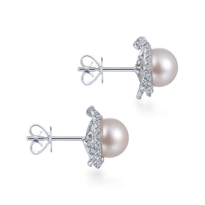 Gabriel & Co. - EG13669W45PL - 14K White Gold Round Cultured Pearl Swirling Diamond Halo Stud Earrings | Hannoush Jewelers