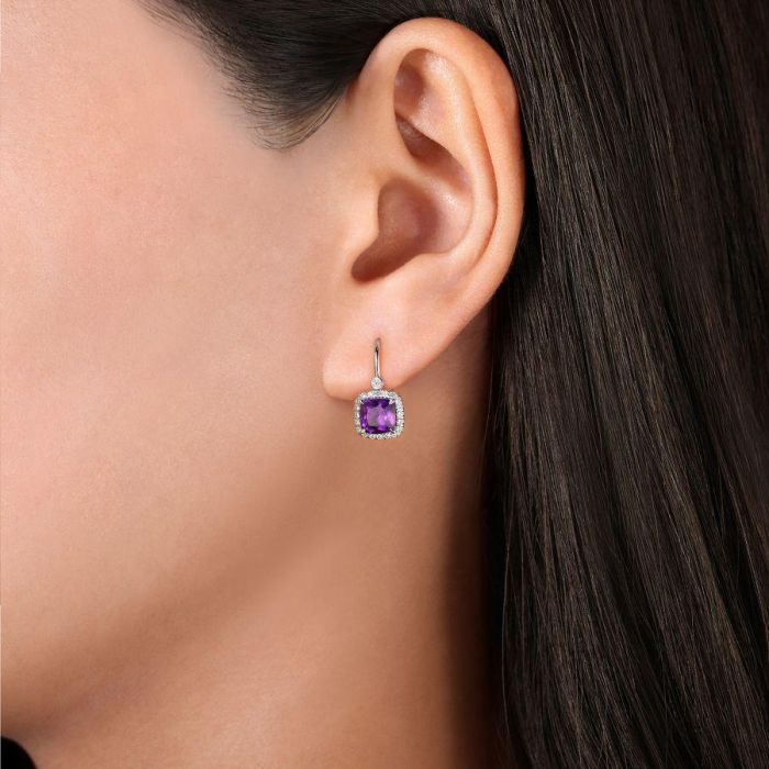 Gabriel & Co. - EG13953W45AM - 14K White Gold Cushion Cut Amethyst and Diamond Halo Drop Earrings | Hannoush Jewelers