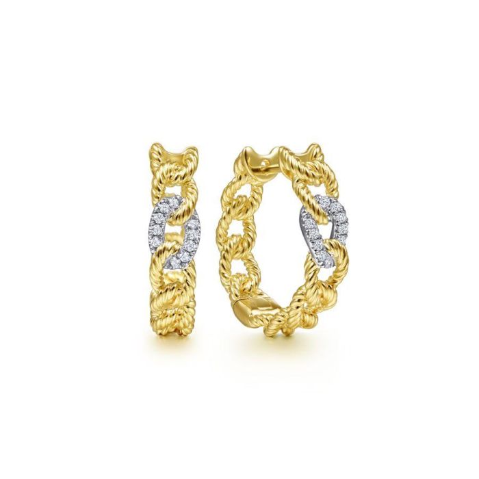 Gabriel & Co. - EG13955M45JJ - 14K Yellow-White Gold 20mm Twisted Rope Link with Diamond Pave Classic Hoop Earrings | Hannoush Jewelers